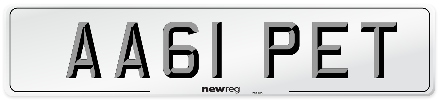 AA61 PET Number Plate from New Reg